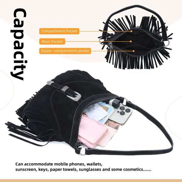Fringe Hobo Purse for Women Tassel Shoulder Bag Vintage Suede Crossbody - Picture 5 of 7